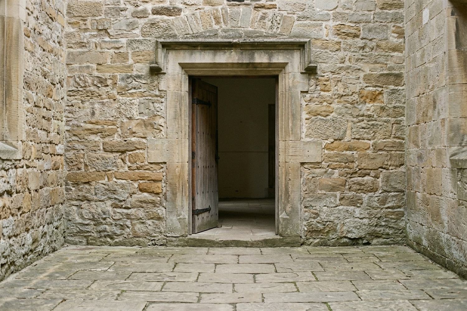 A stone doorway standing open onto a paved yard.