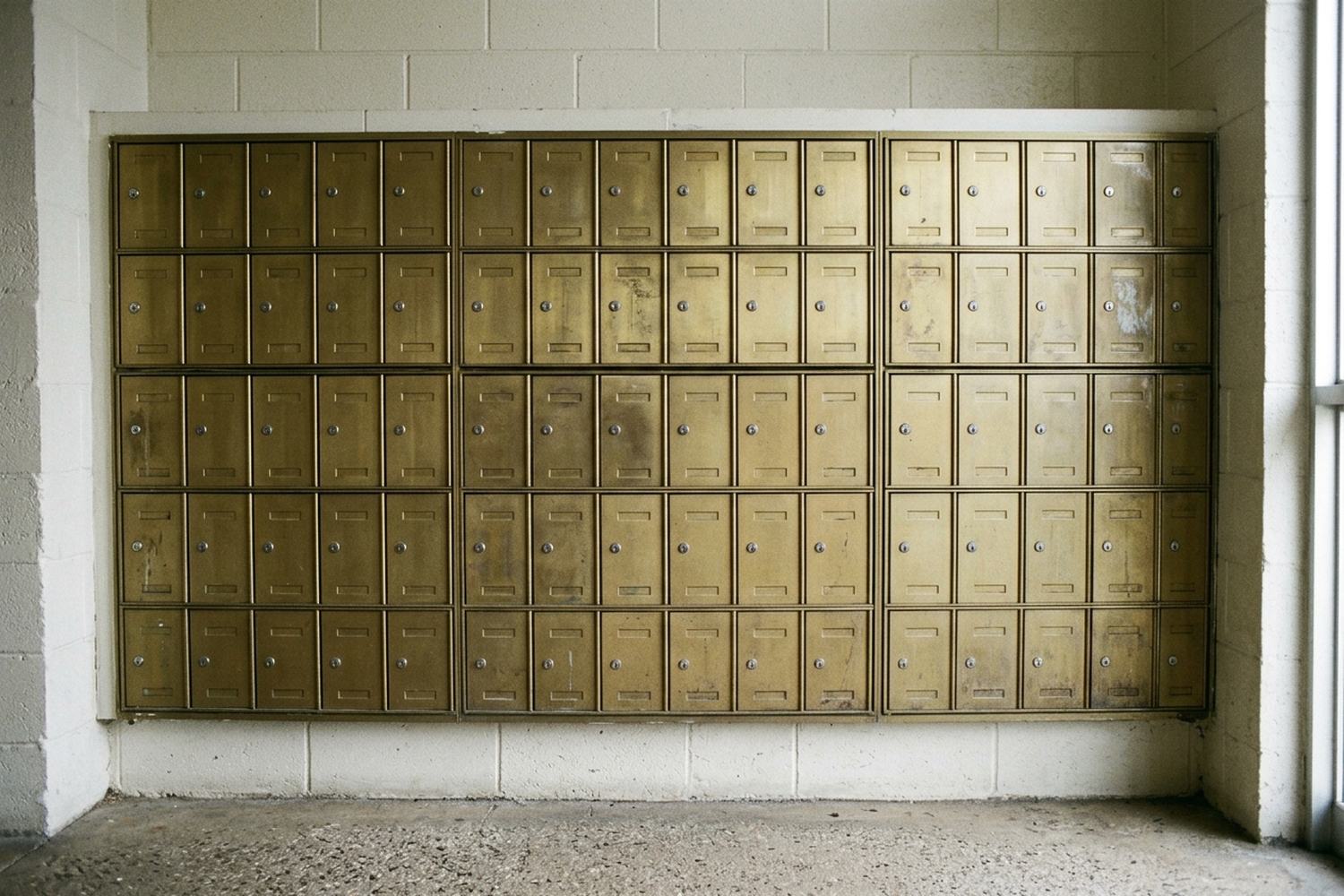 A wall of small numbered mailboxes in dull brass.