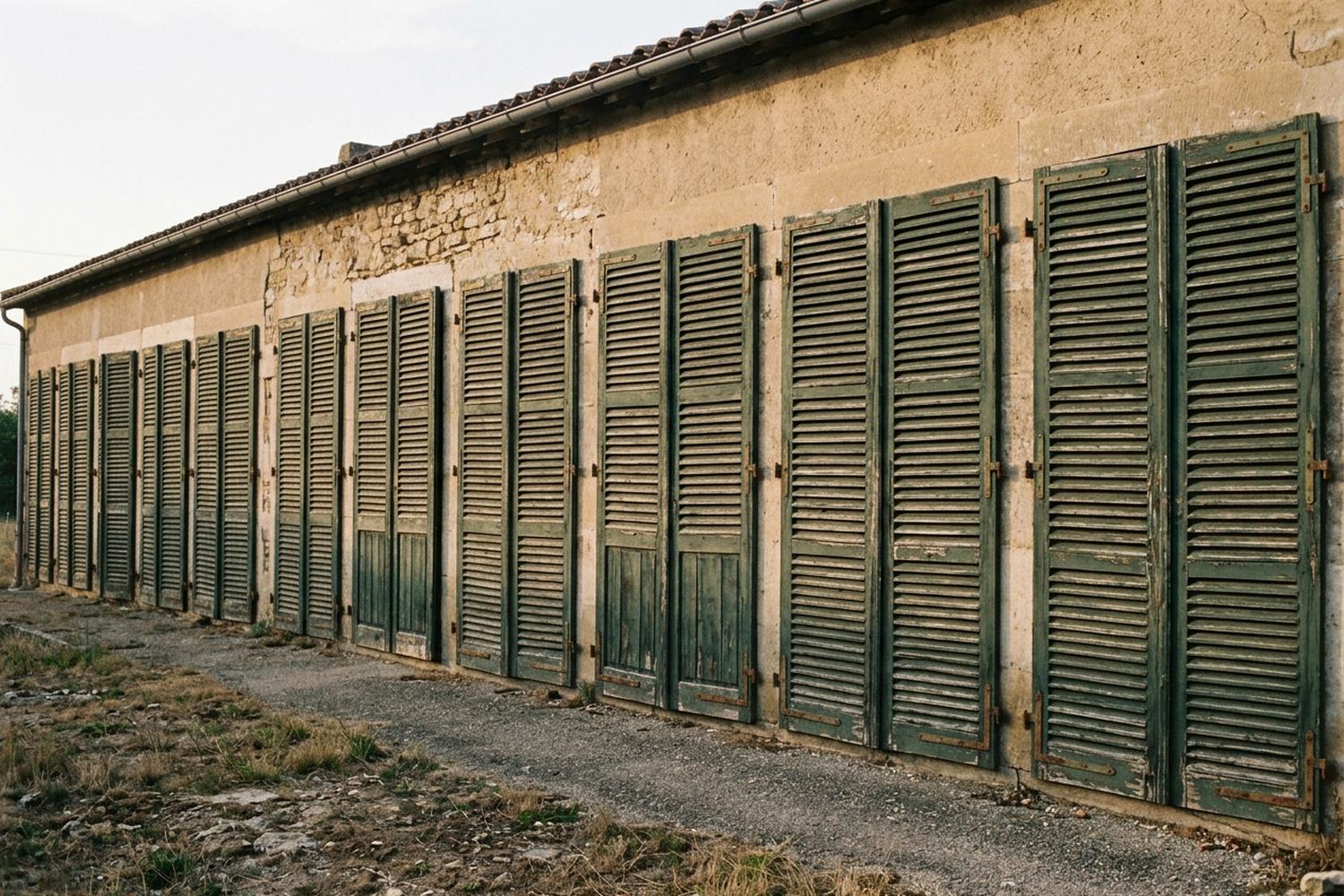 A run of louvered shutters closed across a long facade.