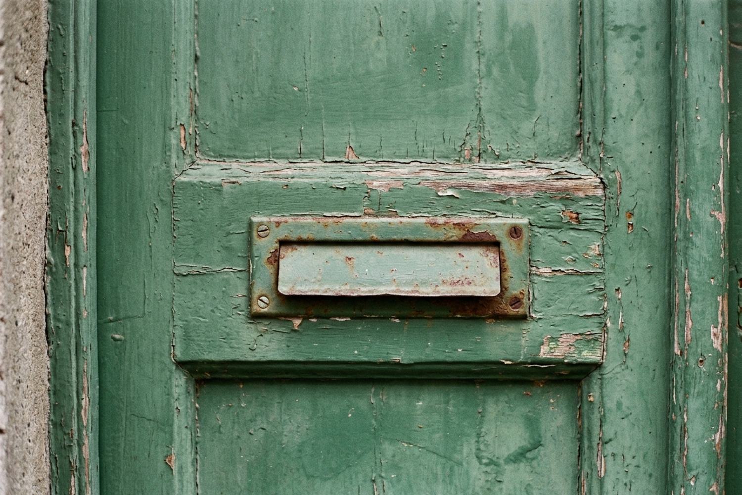 A narrow slot cut in a painted door with a metal flap.