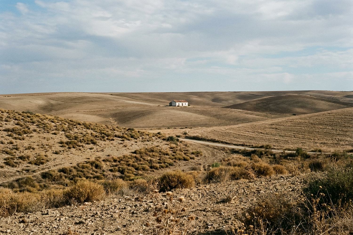 Dry rolling farmland with whitewashed buildings in the distance.