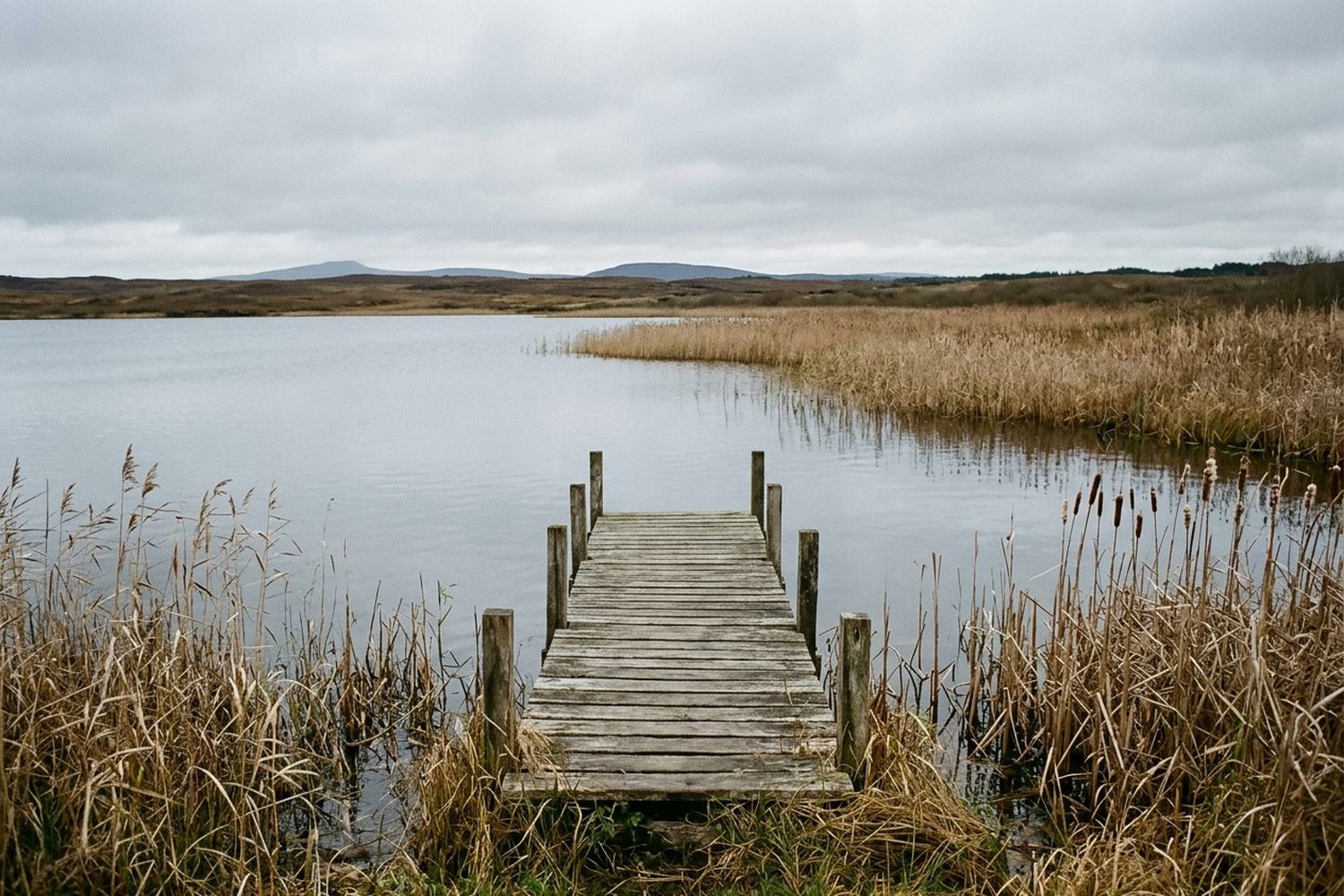 A quiet lake shore with reeds and a wooden landing stage.