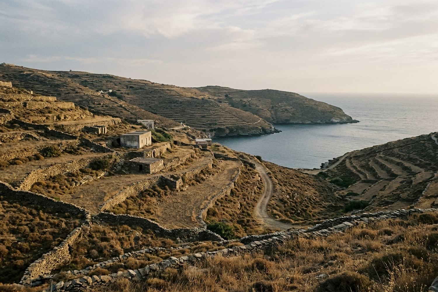 Terraced hillsides above a bay in late afternoon light.