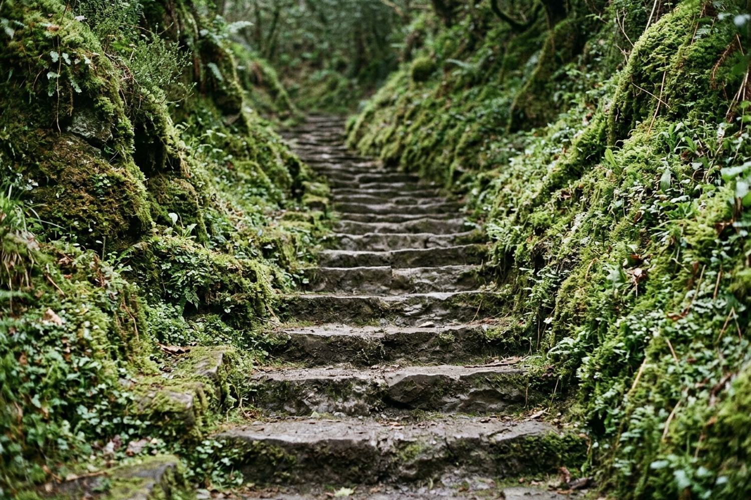 Worn stone steps climbing away between mossy banks.